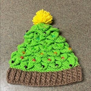 Green Crochet Beanie with‎ Yellow Pom-Pom handmade